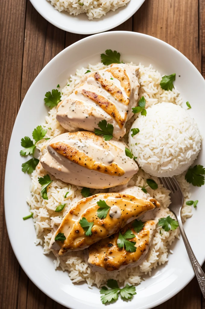 Plate with cream of chicken, rice and vatapá 