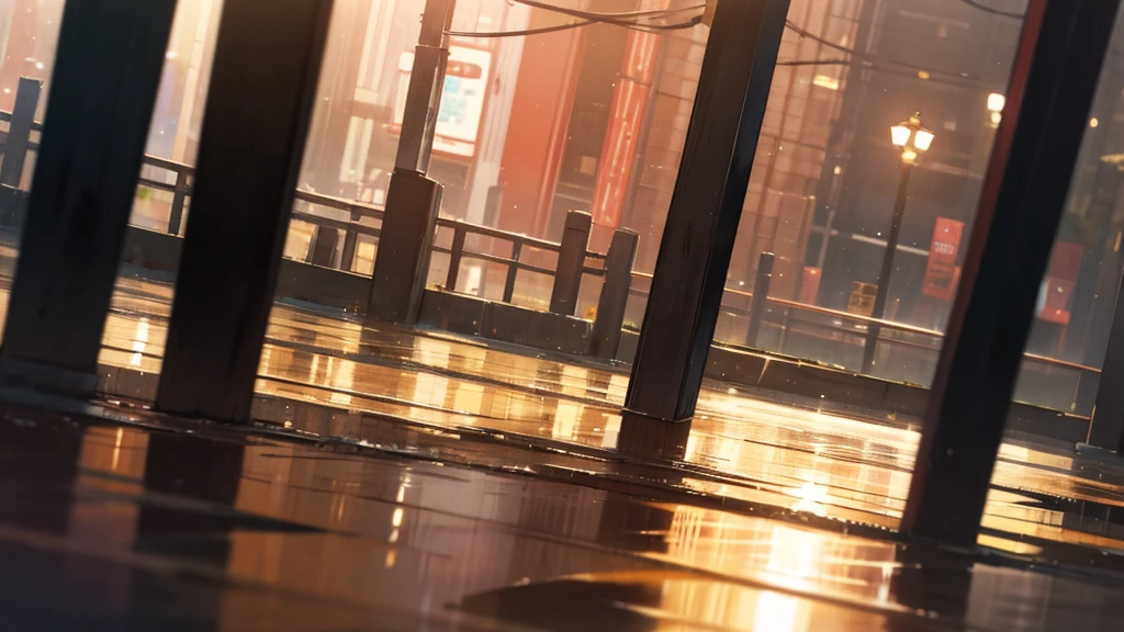 tokyo sidewalk at afternoon after rain with wet streets, bokeh, focus on ground, make it like garden of words style, warm tone, no human, no people on it, (((very low angle))), (((detailed background)))
