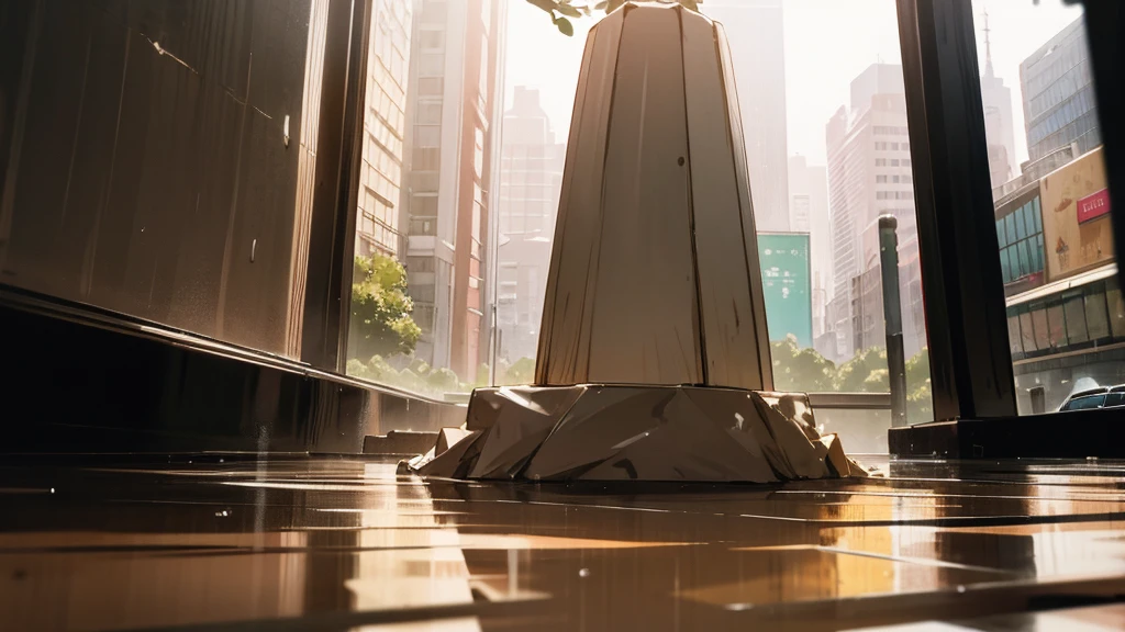 tokyo sidewalk at afternoon after rain with wet streets, bokeh, focus on ground, make it like garden of words style, warm tone, no human, no people on it, (((very low angle))), (((detailed background)))