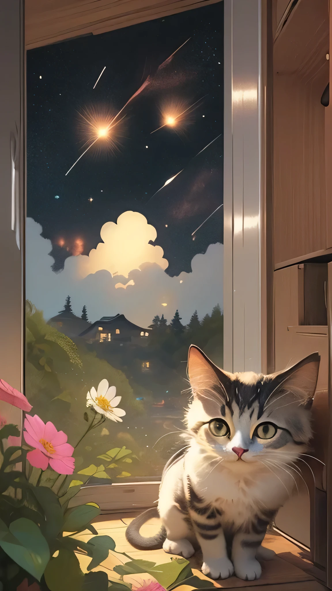 (masterpiece、Ultra-delicate、high resolution),(romantic、Innocent、art itself、adventure、bold、Tourism elements),(Smile),Background flower field,kitten,flower,night,Meteor Showers,Fields Only,kitten,flower,Meteor Showers