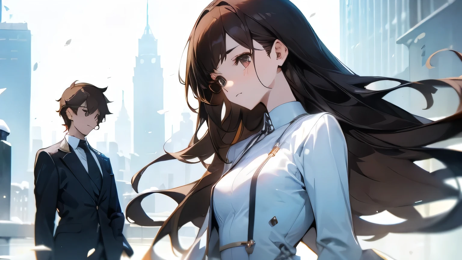 Female high school student and male office worker in suit、2 people、Small breasts、Slim Type、Straight Long Hair、Brown Hair、Neat and clean appearance、snowy city、
