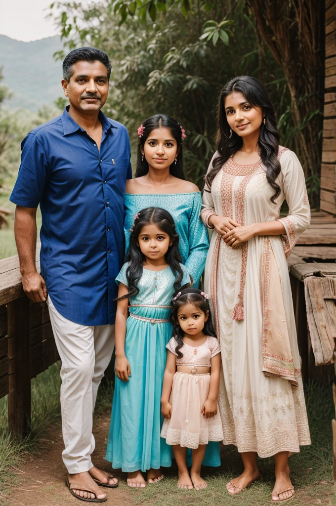 Family pic with father wearing pancha, mother wearing sarii and one daughter with beautiful background