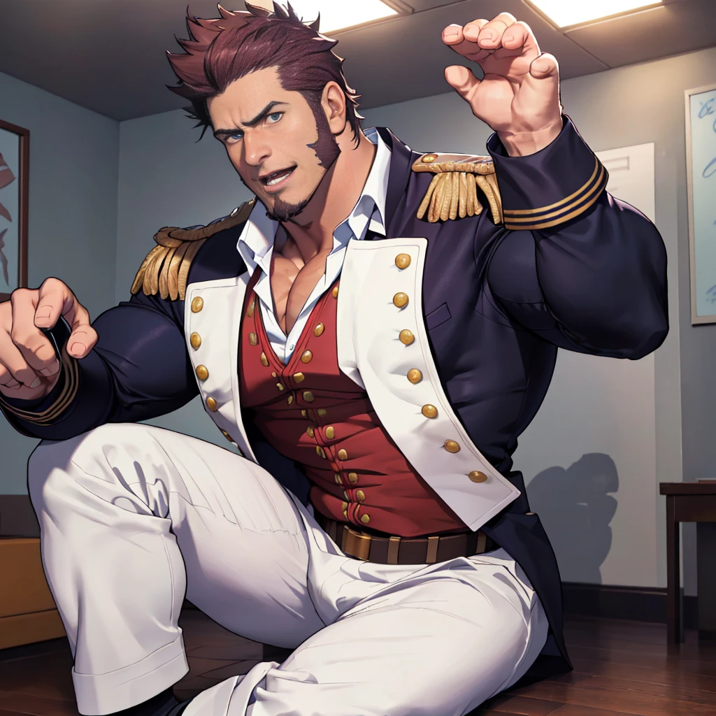 masterpiece, 32k, best details, highly detailed, wallpaper, photographic, raw photo, good lighting, shadows, detailed face, ((passionate, romantic),( hunk with bulging muscles and rugged uniform, anatomically correct),(best quality anime fate)),  Napoleon Bonaparte from Fate, full body,  uniform