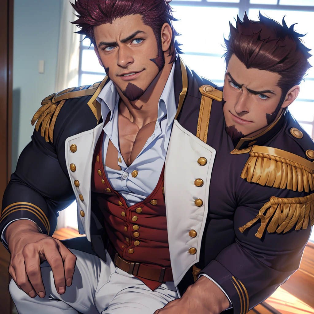 masterpiece, 32k, best details, highly detailed, wallpaper, photographic, raw photo, good lighting, shadows, detailed face, ((passionate, romantic),( hunk with bulging muscles and rugged uniform, anatomically correct),(best quality anime fate)),  Napoleon Bonaparte from Fate, full body,  uniform