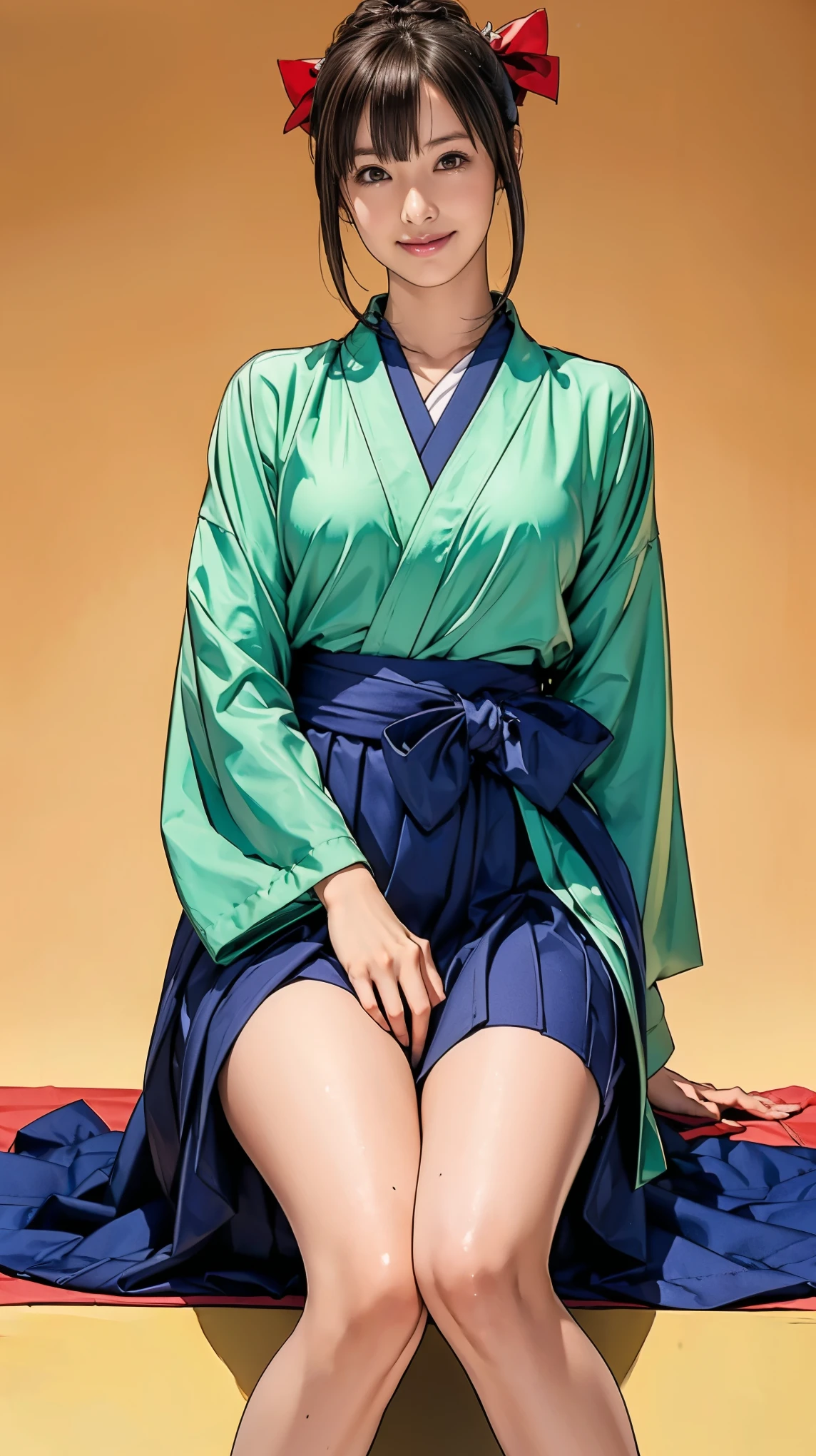 ((masterpiece)),(((Highest quality))),((Character design sheet)),Thin thighs,Long legs, One girl, Honoka, Shrine maiden, Hakama skirt, Sitting, shrine, smile