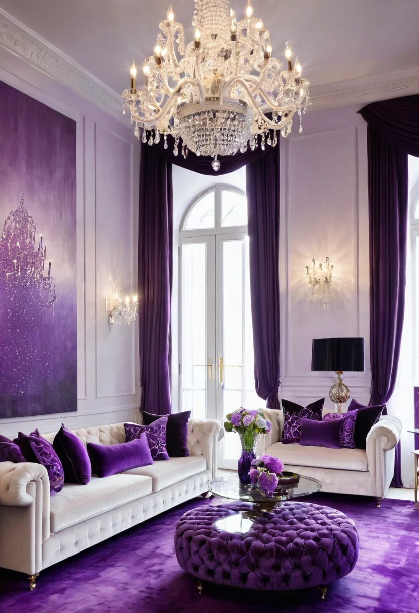 A luxuriously appointed living room, awash in shades of purple, exudes an air of opulence and sophistication. The plush white sofa, adorned with rich velvet cushions, invites relaxation, while the shimmering crystal chandelier casts an ethereal glow upon the space.