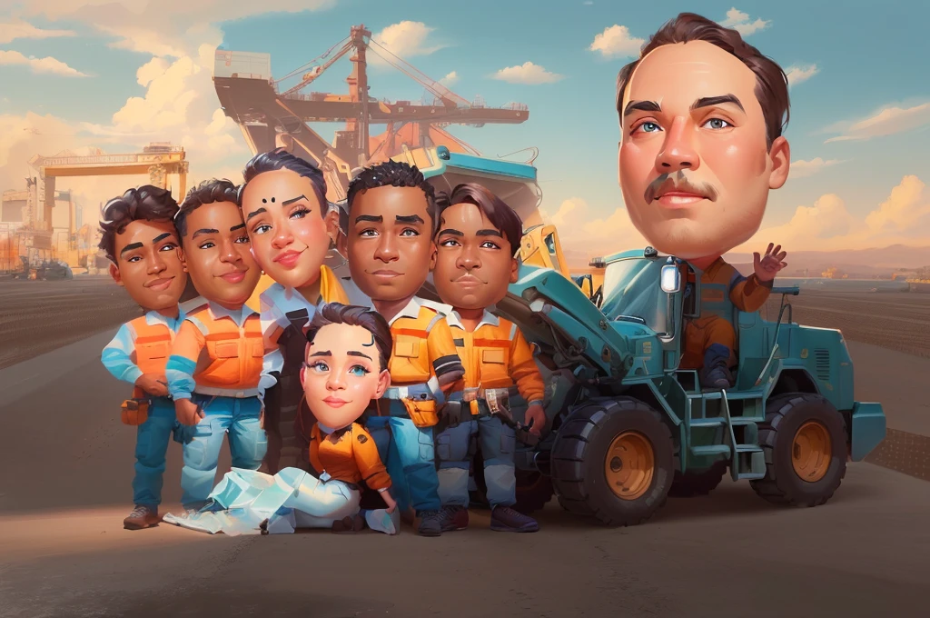 there are many people that are standing in front of a construction vehicle, caricature illustration, proffesional illustration, caricature style, professional illustration, in cartoon style, caricature, official illustration, cartoon digital painting, cartoon digital art, cartoon artstyle, potrait, digital art cartoon, professional artwork, digital ilustration, fanart, parody work, stylized digital illustration