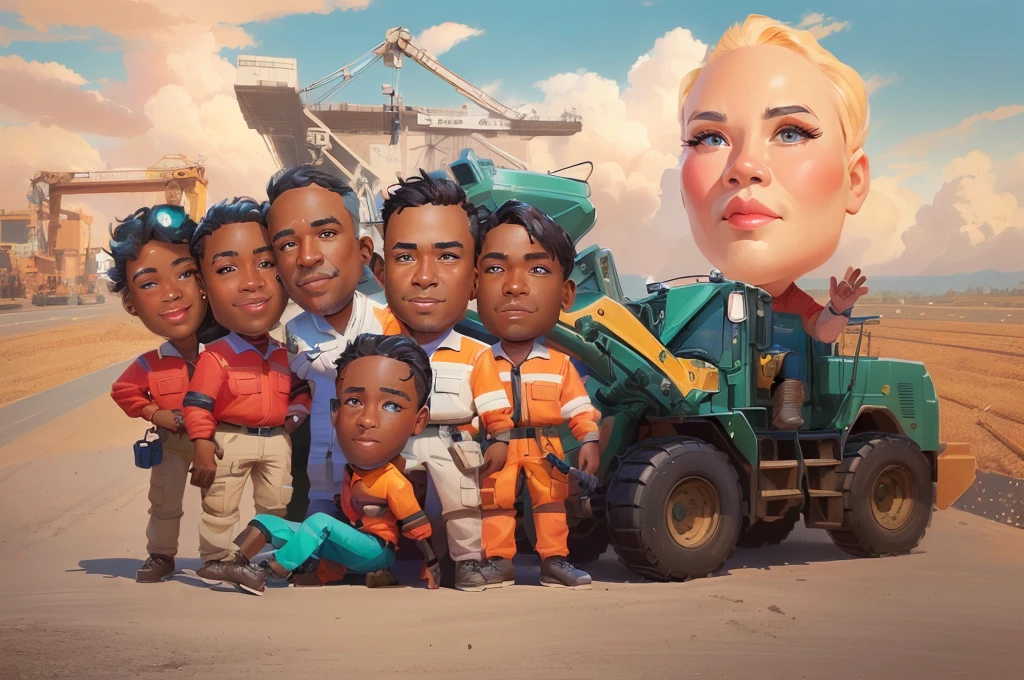 there are many people that are standing in front of a construction vehicle, caricature illustration, proffesional illustration, caricature style, professional illustration, in cartoon style, caricature, official illustration, cartoon digital painting, cartoon digital art, cartoon artstyle, potrait, digital art cartoon, professional artwork, digital ilustration, fanart, parody work, stylized digital illustration
