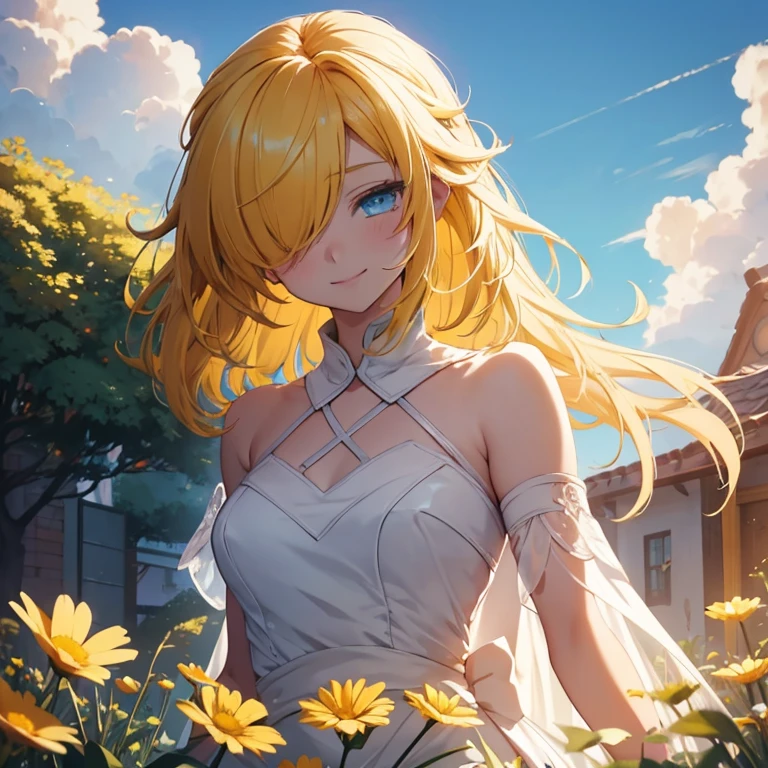 Superflat, Flat Shading, Flat Color, close, Low Angle, Wide-angle, One Girl， 19 years old, Asian, Wedding dress, Anime visuals of cute girls, Cute anime girl, , Cute Anime, Cute:2,  anime style 4 k, kawaii realistic portrait, cute anime style, young anime girl, Laid back girl, 1girl, future princess guardian tales, yellow hair, short hair, hair band, bangs, hair over one eye, one eye covered, smile happily, detailed beautiful eyes, blue eyes, Absurd, High resolution, ,  Standing in a flowery meadow，At dusk，Beautiful sunrise，dark，Vibrant colors，