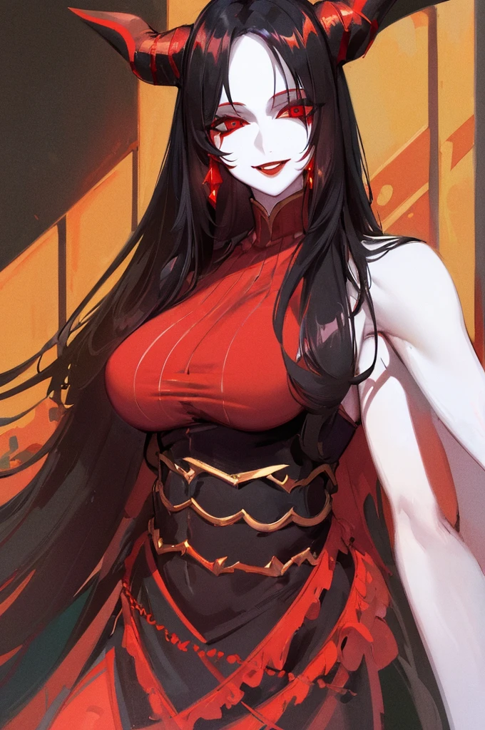 honey, (only), pale skin, long black hair, black horns up, red eyes, red eye shadow, red lipstick, big breasts, awas, Diabolical  smile, masterpiece, high high quality 