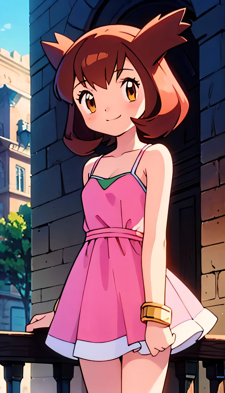 masterpiece, best quality, ultra-detailed, illustration, beautiful detailed eyes, very detailed illustration, cinematic lighting, 1 girl, solo, Pokemon Heroes (Bianca), Brown Hair, brown eyes, 1 girl, solo, bare shoulders, bare neck, smile, arms at sides, standing at the balcony, a sleeveless pink camisole dress, pink dress, gold bracelets, closed mouth, upper body, outside, sundown, looking at viewer, mountains and hills, cowboy shot