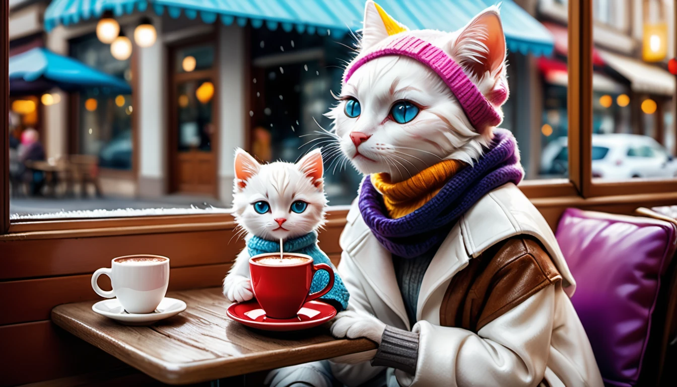 (Photo Cinematic), pouring rain outside, anthropomorphic, white kitten, fashionable clothes, sitting by the window in a cafe, drinking hot chocolate, reading, 2D, colorful, warm atmosphere, shiny