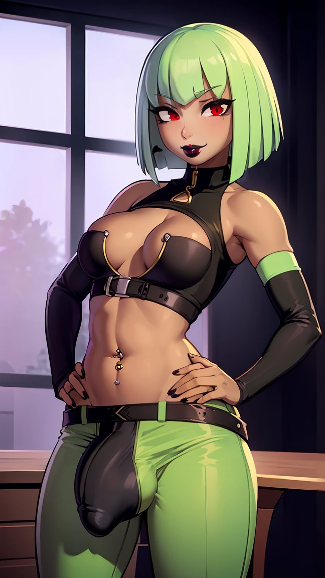 (solo:1.1),(masterpiece), (best quality:1.3), highly detailed, intricate, professional art, digital art, absurdres, confidant, emerald sustrai, futanari emerald sustrai wearing a green crop-top cleavage cutout detached sleeves and pants confidently posing with hand on hip indoors, pants, 1girl, solo, (dark skin:1.4), green hair, bob hair, gold hoop earrings, gold jewellery, ab lines, (gold navel piercing:1.1), detailed stomach, red eye colour, dark skin, small breasts, (aroused:1.2), (futanari:1.1), (wide hips:1.4), (makeup 1:1), beestung lips, (black lipstick:1.3), penis bulge, pants straps riding hips, (crotch bulge:1.4), crotch bulge, testicle bulge , furniture, frontal view, universal lighting, naked, nude, porn, 
