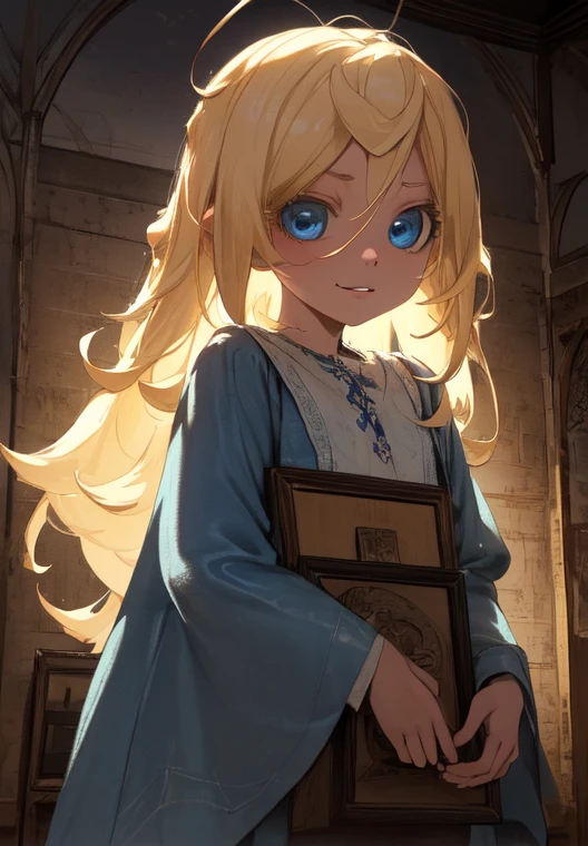 1girl, Blonde hair, Blue eyes, (Cowboys_shot:1.2), Focus on the face, long hair, Side locks, Holy,(aghast:1.1) expression, Atmospheric lighting, smiley , In an old museum ,  With interesting things , Cobwebs, Amazing , Beautiful 8K wallpaper, Very detailed, complicated