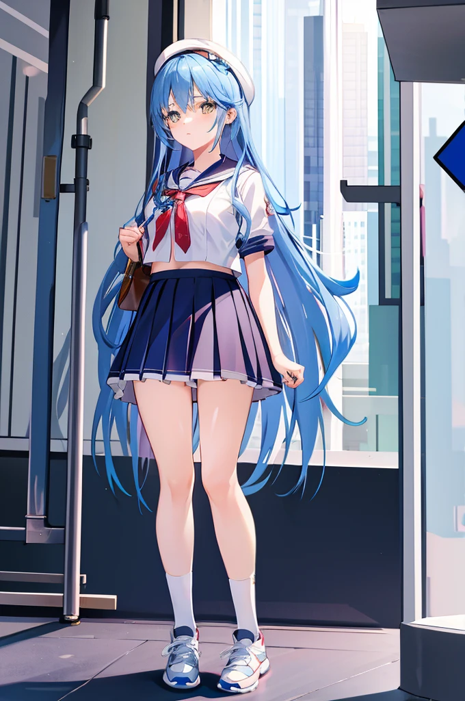 The girl puts a miniature high-rise model toy under her skirt，short  skirt，a sailor suit，whitestocking，athletic sneakers，Be red in the face