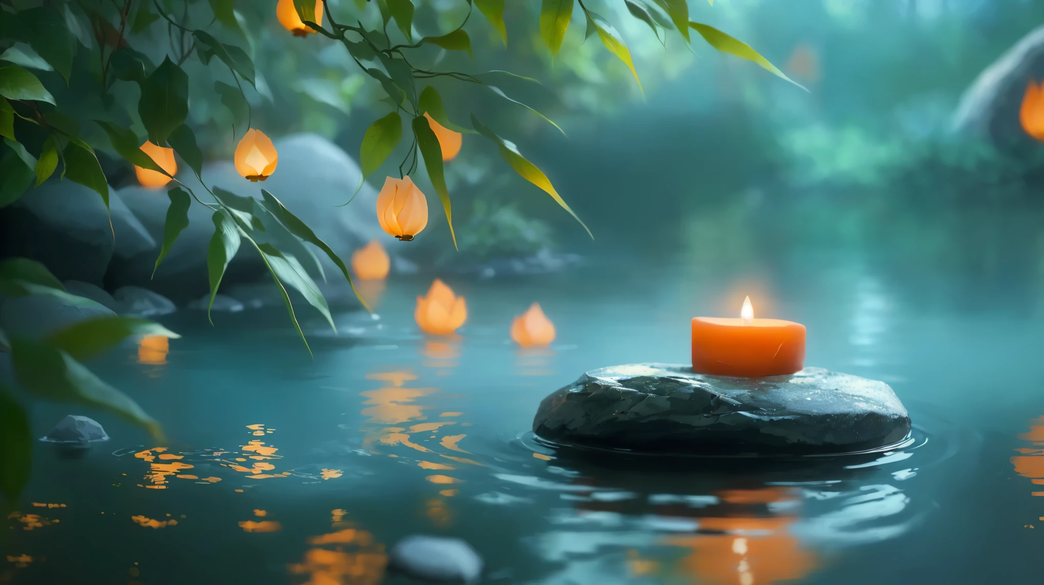 A candle rests on a rock in the water, Peaceful atmosphere, Relaxed atmosphere, Zen Nature Background, Peaceful atmosphere, Peaceful environment, Floating Candles, Peaceful and serene, Quiet and peaceful atmosphere, Relaxing environment, High-resolution wallpapers, Quiet environment, Calm evening atmosphere, Beautiful Wallpapers, Peaceful landscape, Gentle lighting, relaxed mood, Beautiful atmosphere, Serene landscape