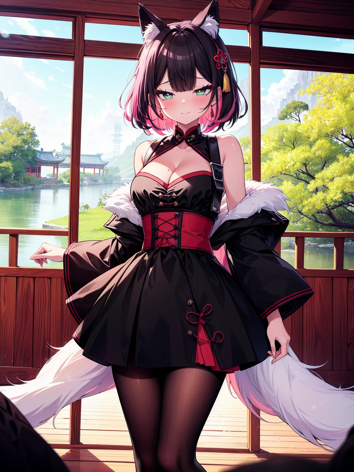 (cowboy shot), (colorful:1.1), (ultra-high resolution, depth of field:1.2), (Tingyun:1.1), solo, fox ears, puffy fox tail, (black hair), inner pink hair, bangs, green eyes, (red underliner), medium breasts, (long dress), (long black dress with a waist cincher), crossed collar shirt, cleavage, bare legs, pantyhose, smile, squinting, Chinese garden scenery