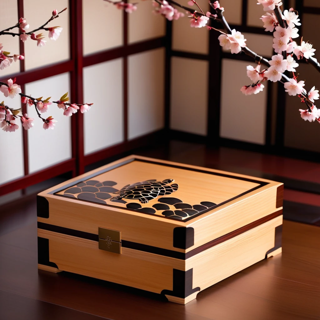 Japanese traditional「Tamate Box」Please generate an image of。Tamate Boxは、A treasure chest that appears in Japanese folk tales。In the box、Cherry Blossom、turtle、波などのJapanese traditional模様が施され、It has an elegant and sophisticated design。The surface is finished with lacquer.、Has a glossy appearance。The box is slightly open、It emits a soft and mysterious light.。In the background、Tatami room、Shoji screen、It depicts a classic Japanese environment with simple decoration.、It brings out the mysterious atmosphere of the ancient world.。