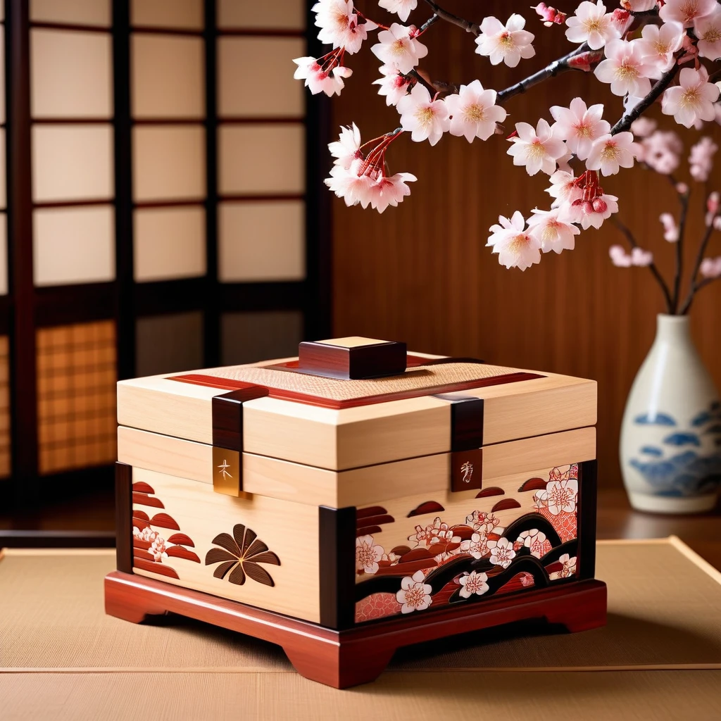 Japanese traditional「Tamate Box」Please generate an image of。Tamate Boxは、A treasure chest that appears in Japanese folk tales。In the box、Cherry Blossom、turtle、波などのJapanese traditional模様が施され、It has an elegant and sophisticated design。The surface is finished with lacquer.、Has a glossy appearance。The box is slightly open、It emits a soft and mysterious light.。In the background、Tatami room、Shoji screen、It depicts a classic Japanese environment with simple decoration.、It brings out the mysterious atmosphere of the ancient world.。