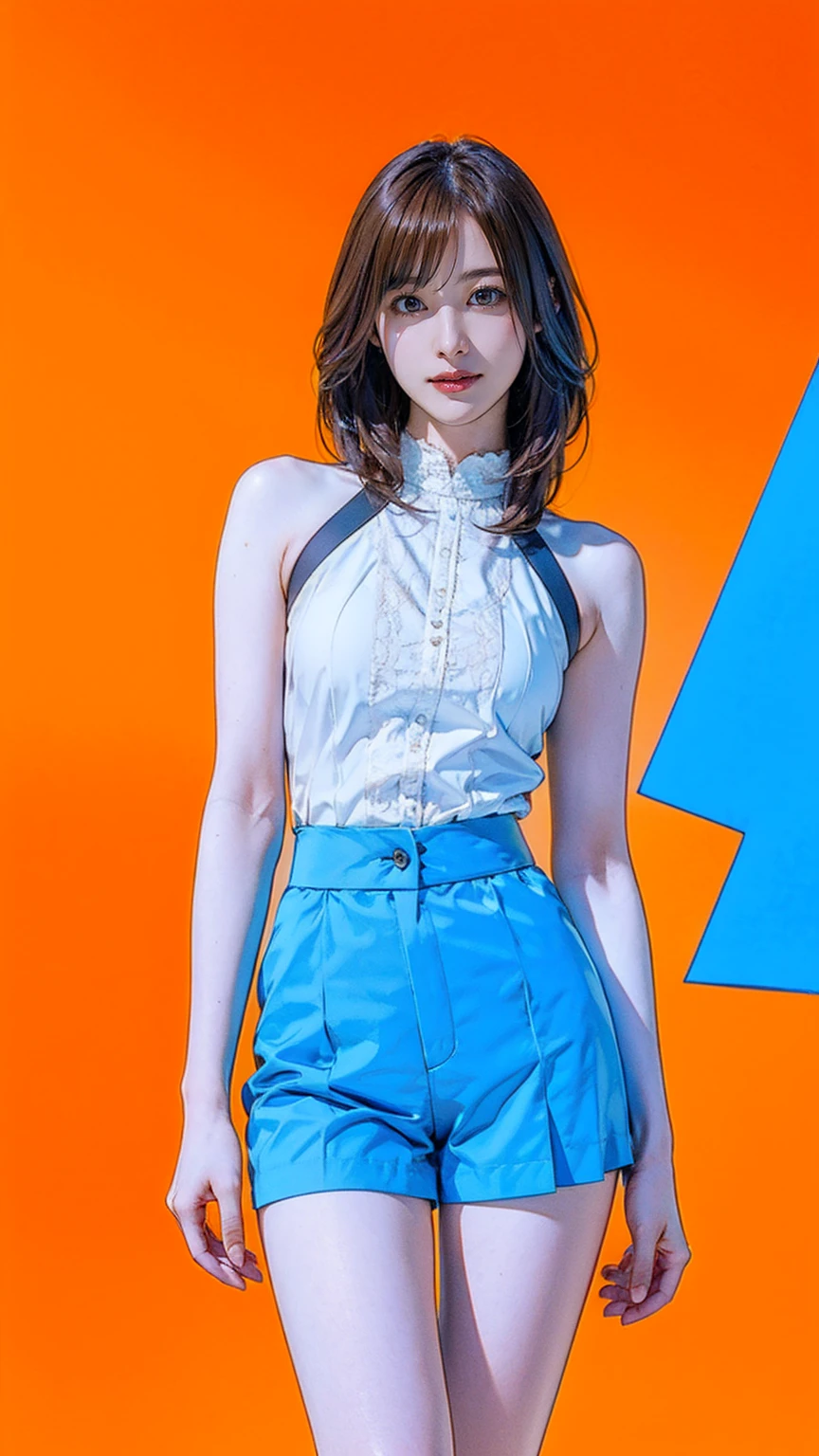 ((masterpiece)),(((Highest quality))),((Character design sheet)),Thin thighs,Long legs,(Portrait of a beautiful girl), Eye for perfect detail, Face in perfect detail, Very elaborate nose, Open your mouth, Radom Color Shorts, Perfect Teeth, Bare shoulders, Charm, Perfect Face, Dimples on cheeks, Depth of written boundary, High resolution, ((Real skin texture)), (Well-proportioned hands), Thin lips, Random color hair, Floating multicolored hair, Narrow waist, Orange pastel background