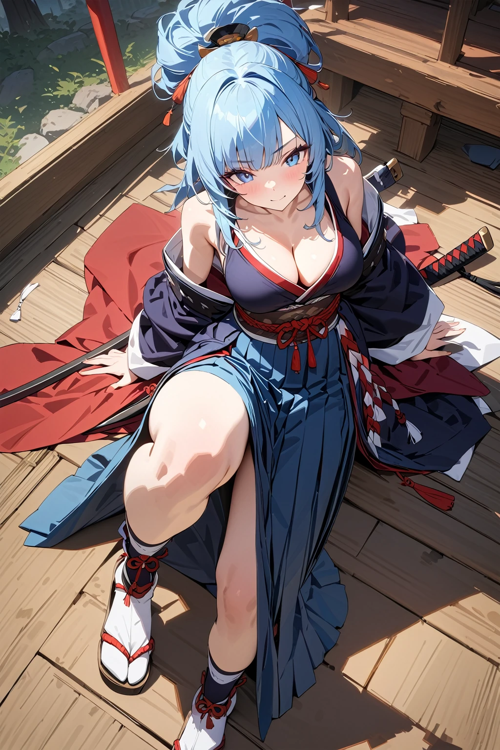 (masterpiece, best quality:1.5), (ultra detailed, high resolution, 8k, beautiful detailed, UHD, best anatomy), 1 cool girl, pale blue hair, medium breasts, Women's Hakama, Japanese Samurai, kamishimo, tabi, Warring States period (of Japanese history, approx. 1467-1568 CE)