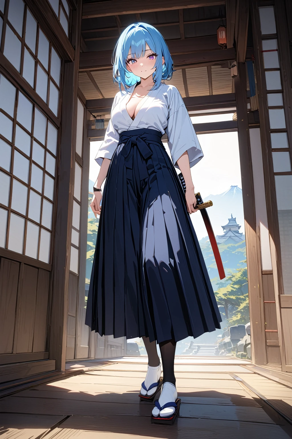 (masterpiece, best quality:1.5), (ultra detailed, high resolution, 8k, beautiful detailed, UHD, best anatomy), 1 cool girl, pale blue hair, medium breasts, Women's Hakama, Japanese Samurai, kamishimo, tabi, Warring States period (of Japanese history, approx. 1467-1568 CE)