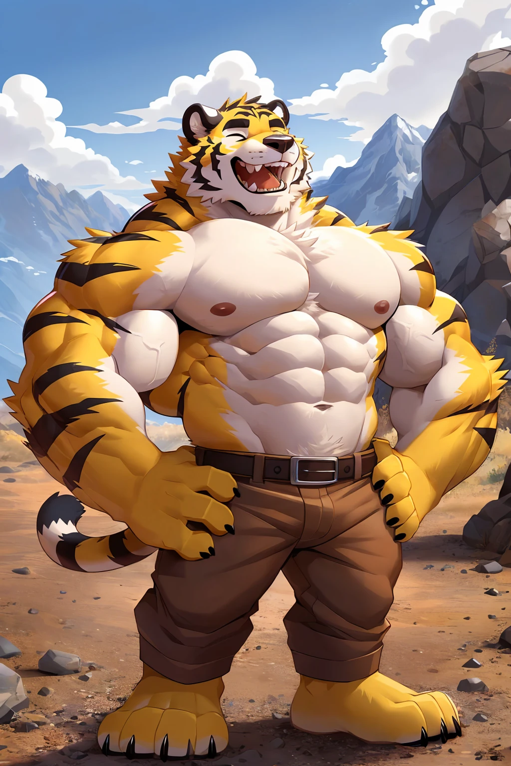 (sfw:1.5), male focus, Handsome 1boy, solitary,protrait photo, 红色的Tongue, Black thick eyebrows,single, (Black nails, Black claws:1.4), Hair, Skin, (of the tail, yellow ears:1.4), White Teeth, Delicate teeth, Perfect Teeth, Tiger Teeth, (yellow body:1.3), (yellow feet,yellow hands:1.4), (Black nose:1.4),
tiger, feet, grey tiger, tiger boy, tiger body, Tongue, tiger尾巴, (Chubby, The body is huge, Larger face:1.3), Human feet, (Four toes:1.4), (look up:1.2),
(Brown trousers:1.2), Roll up your pants, (Brown belt:1.2), Barefoot,
(full body:1.3), (Mature men:1.4), (Strong body, Large size:1.3), (Strong body, muscle,Strong male, muscle男, Bare chest muscles:1.3), Red nipples, (Abdominal muscles:1.4), belly button, (bare arm, Thick arms:1.3), (Standing:1.3), confidence, charming, enthusiasm, happy, Careless, Bold, Unrestrained, (Looking at the audience, Focus, Eyes gaze:1.1), (With eyes closed, Squinting:1.3), enjoy, (open mouth:1.4), (open mouth笑, laughing out loud:1.5), (Hands on hips:1.4),
full background, Suburban, wasteland, wilderness, Wild, ground, (Blue sky, White Cloud, daytime, Mountain, rock, gravel, Gravel,:1.3),
Mysterious and romantic atmosphere, Caustic lines(refraction, polarization)Perfect anatomical structure, absurd, Detailed background, (Delicate eyes:1.3),Printing style。((artist:Takemoto Arashi))