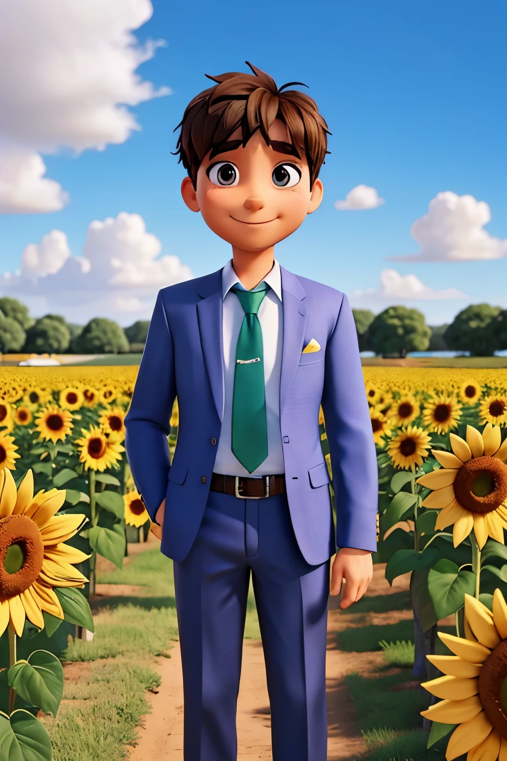 A serene scene featuring a field of sunflowers under a calm, blue sky. In the foreground, a peaceful businessman with a gentle smile, p