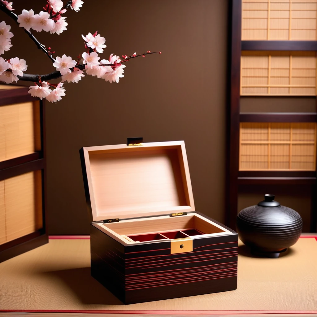 Japanese traditional「Tamate Box」Please generate an image of。Tamate Boxは、A treasure chest that appears in Japanese folk tales。In the box、Cherry Blossom、Fuji Mountain、波などのJapanese traditional模様が施され、It has an elegant and sophisticated design。The surface is finished with lacquer.、Has a glossy appearance。The box is slightly open、It emits a soft and mysterious light.。In the background、Tatami room、Shoji screen、It depicts a classic Japanese environment with simple decoration.、It brings out the mysterious atmosphere of the ancient world.。