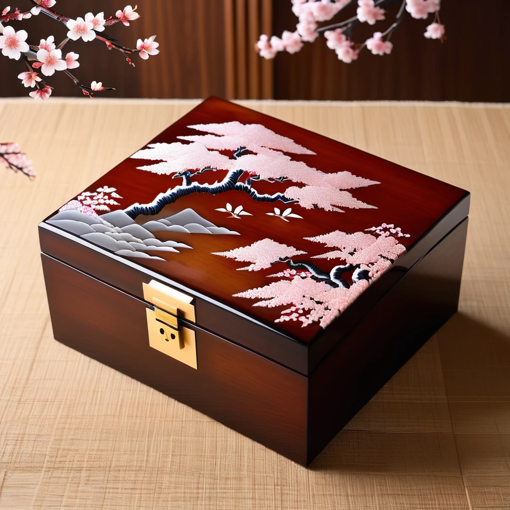 Japanese traditional「Tamate Box」Please generate an image of。Tamate Boxは、A treasure chest that appears in Japanese folk tales。In the box、Cherry Blossom、Fuji Mountain、波などのJapanese traditional模様が施され、It has an elegant and sophisticated design。The surface is finished with lacquer.、Has a glossy appearance。The box is slightly open、It emits a soft and mysterious light.。In the background、Tatami room、Shoji screen、It depicts a classic Japanese environment with simple decoration.、It brings out the mysterious atmosphere of the ancient world.。