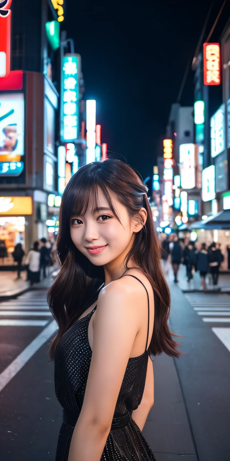 One girl, Tokyo Street,night, Cityscape,City lights,Upper Body,close,smile,, (8K, RAW Photos, Highest quality, masterpiece:1.2),(Realistic, photo-Realistic:1.37),