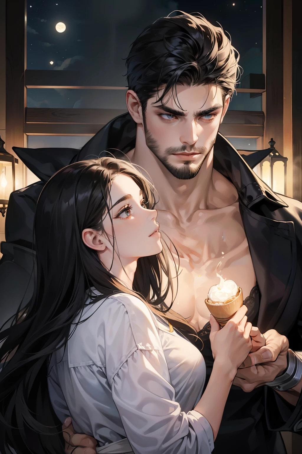 > **(Masterpiece: 1.4) best quality,**
> **Creada por: Midoru**
> **Creada por: Midoru**
> **Creada por: Midoru**
> **Creada por: Midoru**
> **Creada por: Midoru**
>
> A sensual and passionate couple, bathed in the soft glow of moonlight, embodying a dark and alluring connection. The man, with short black hair, a defined jawline, and a sensual beard, exudes an imposing and muscular presence. His eyes hold a passionate and slightly sadistic expression, and his chiseled