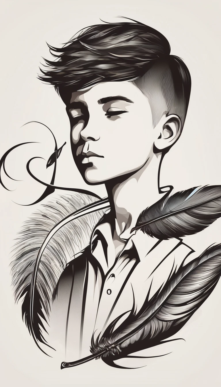 A minimalist, fantastic, poetic, dreamy, captivating, memorable, masterpiece, modern, simple logo design of a boy and a feather for the brand “Penamemoria". The logo must convey a sense of music, stories and dreams. Minimalistic logo design of a boy and a feather.