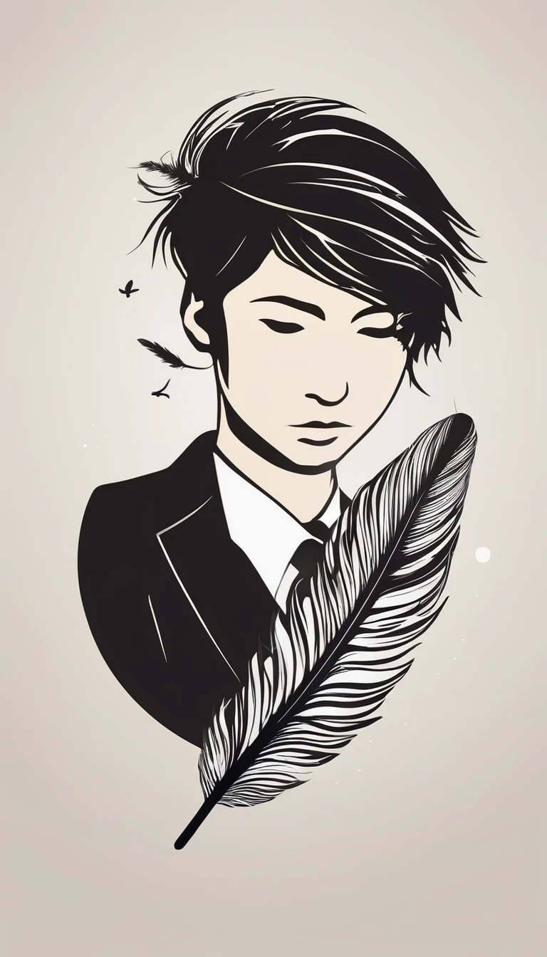 A minimalist, fantastic, poetic, dreamy, captivating, memorable, masterpiece, modern, simple logo design of a boy and a feather for the brand “Penamemoria". The logo must convey a sense of music, stories and dreams. Minimalistic logo design of a boy and a feather.