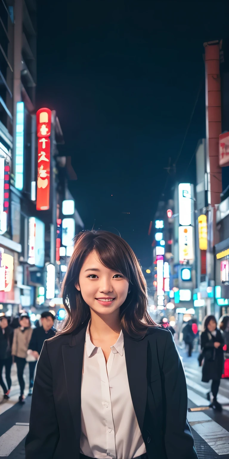 One girl, Tokyo Street,night, Cityscape,City lights,Upper Body,close,smile,, (8K, RAW Photos, Highest quality, masterpiece:1.2),(Realistic, photo-Realistic:1.37),