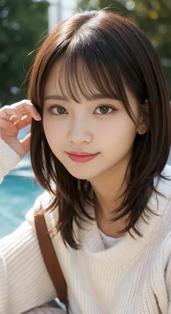short hair、White knit、Loose knit