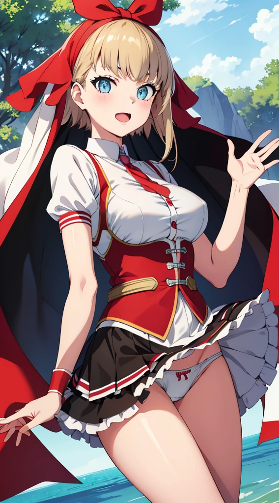 スカートが捲られてる、Without skirt、White underwear、In underwear、Panties in full view、White panties、 1, 1girl, asahina mikuru, long hair, kita high , solo, short sleeves, red ribbon, large breasts, cowboy shot, waving, outdoors, Underwear in full view、後ろから
