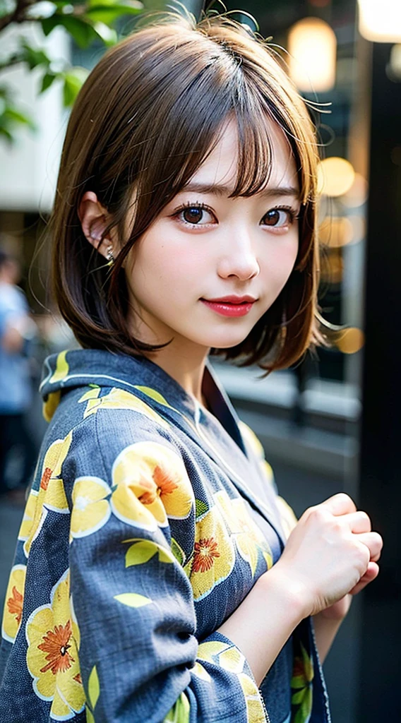 (8K, Raw photo:1.2), Detailed face and eyes,Best Quality, 超A high resolution, Highly detailed ,intricate detailes ,masutepiece ,Cute Girl , Soft cinematic light, Hyper-detailing,Sharp Focus, High quality, Blonde hair, bob cuts, Yukata