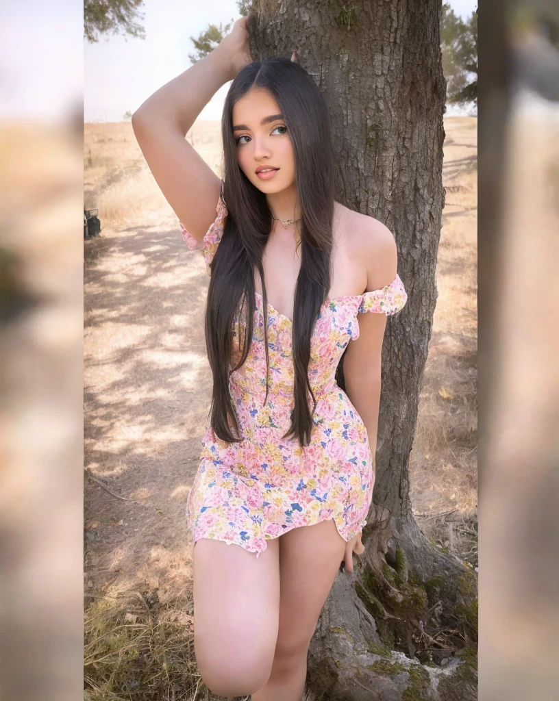 Araffe woman in a floral dress posing next to a tree., Violet Myers, 18 years, 2 4 year old female model, Alanis Guillén, Instagram Template, ayahuasca, she is approximately 1 6 years old, she is about 20 years old, she is about 2 0 years old, 23 years, 21 years