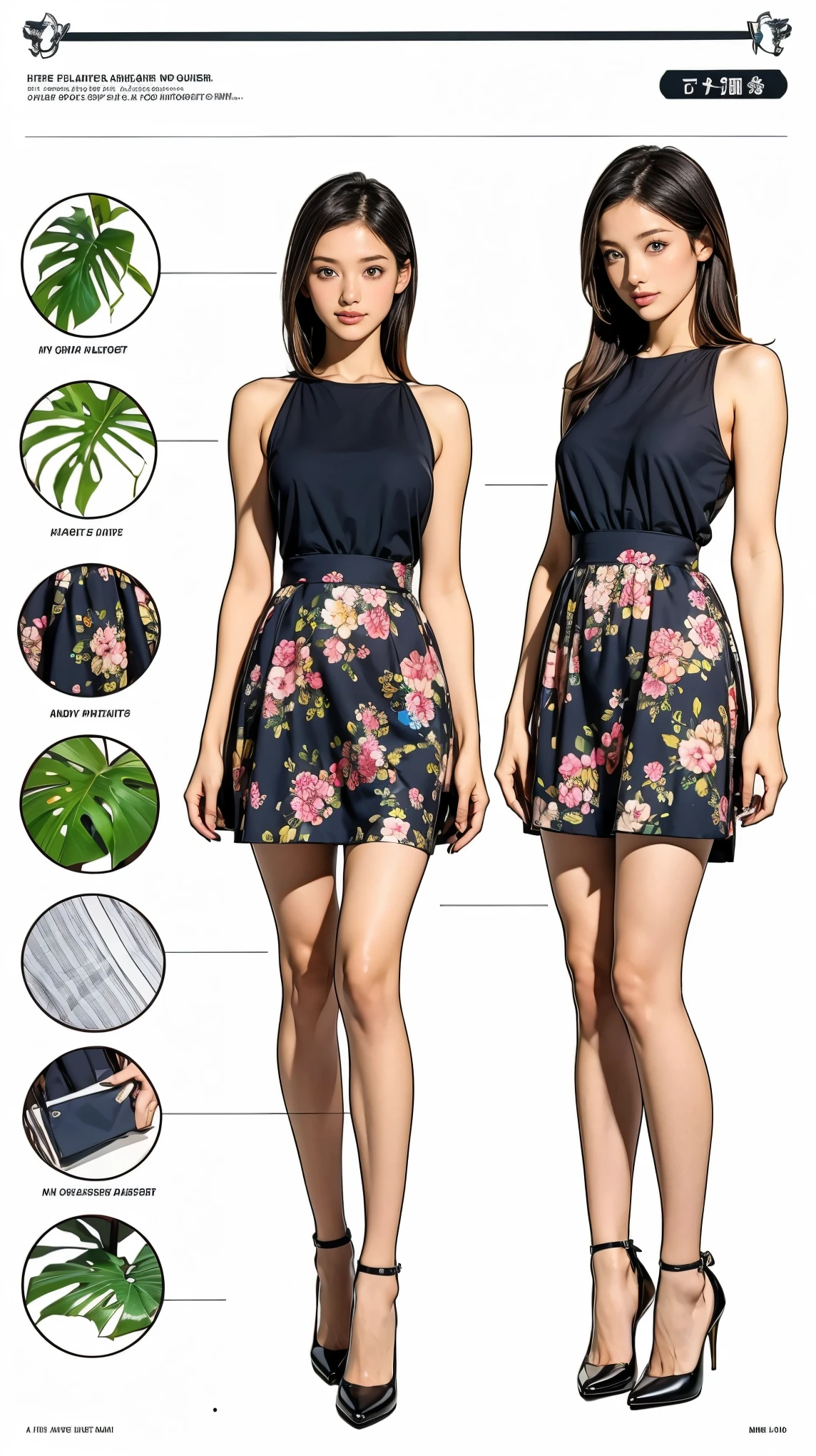 ((masterpiece)),(((Highest quality))),((Character design sheet)),Thin thighs,Long legs,whole body:1.5,(One Girl:1.3),(Black pantyhose and thick pointy heels:1.3),(Wearing a floral and plant patterned mini skirt dress:1.2),Short blonde:1.2、Model pose,Floral and botanical background:1.5,
