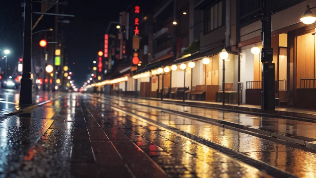 tokyo sidewalk at afternoon after rain with wet streets, bokeh, focus on ground, make it like garden of words style, warm tone, no human, no people on it, (((very low angle))), (((detailed background)))