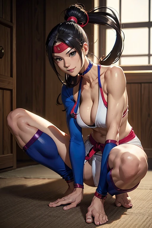 Ninja Woman, Juli from Street Fighter, Small breasts, Healthy Body, barefoot, smile, Inside the dojo, beautiful, whole body, High-definition images, masterpiece, Realistic photos