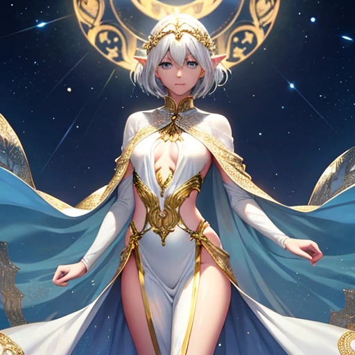 The elf is very beautiful, her body is slim and toned, His skin and hair are white with gold tones., His eyes are golden with a beautiful shine., his countenance is very attractive, her hair short but well combed, Her legs are slim and toned and her hands look very delicate both physically and mentally..