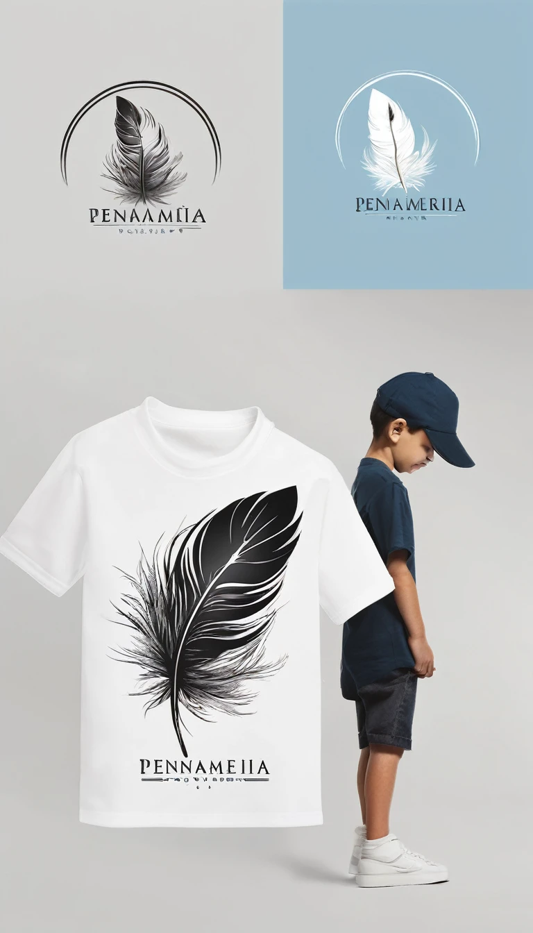 Create a minimal, modern, simple, inspirational, memorable, dream like logo design of a boy and a feather for the brand “Penamemoria".