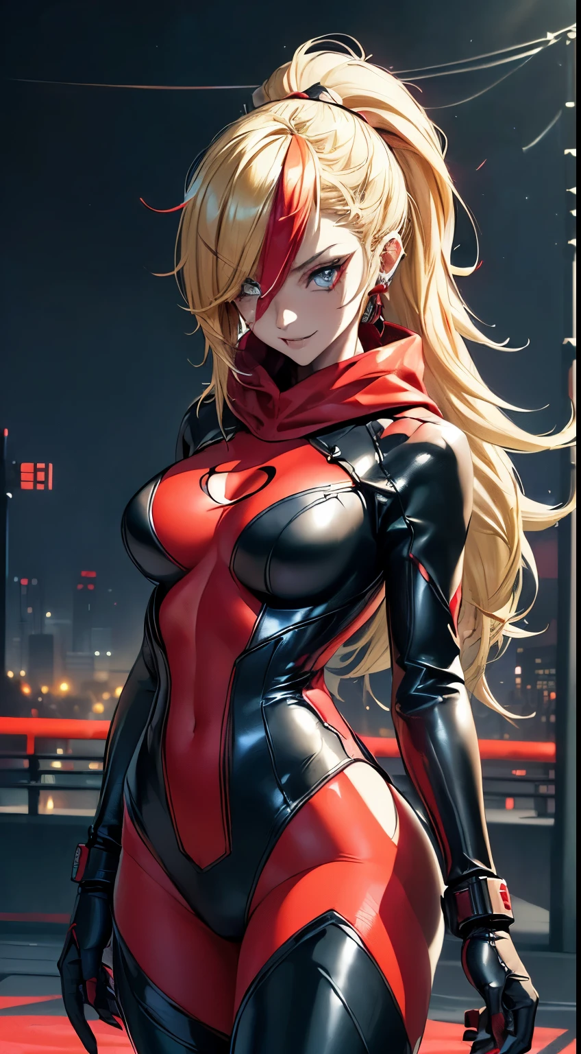 top-quality、Top image quality、masterpiece、evil girl with((18year old、Red, black and blue glowing cyber suit, falda corta, blonde hair streaked with red, black and blues hihlights, mystical,、Shining Cyber White Hoodie、Best Bust、Bust 90、Blonde Away Tail、Red Eyes、Valley、A slender、 insane smile、Red Face tattoo Paint、Black scarf、Reflecting the whole body、Slouch action))hiquality、Beautiful Art、Background with((nightcity、cyberpunked、nightclubasutepiece、Elaborate design、visualart、