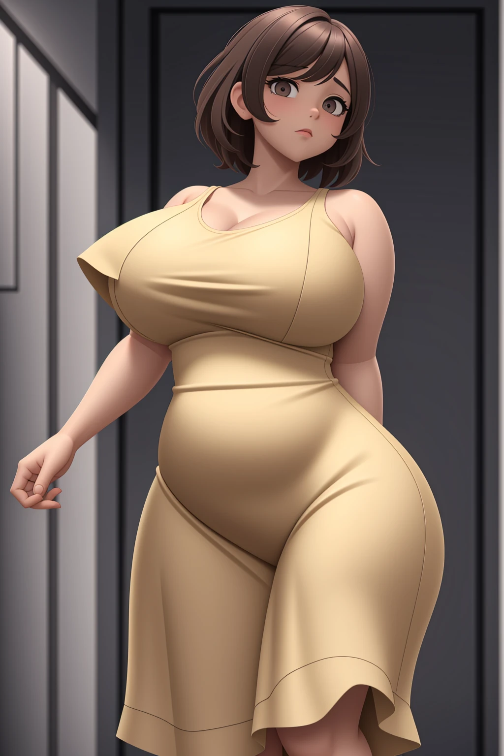A plump round woman, short faded brown hair, lots of mascara, grey eyes, wearing a beautiful yellow summer dress, accentuated curves, plump round belly
