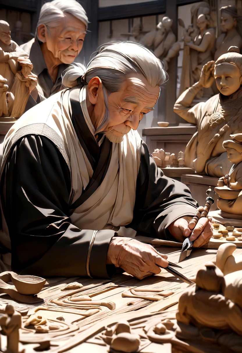 Traditional handicraft workshop,An old man is sitting and carving,The table is filled with messy carving tools,The walls are covered with sculptures,high quality,masterpiece,simple,Chinese style,There are some apprentices around helping to learn