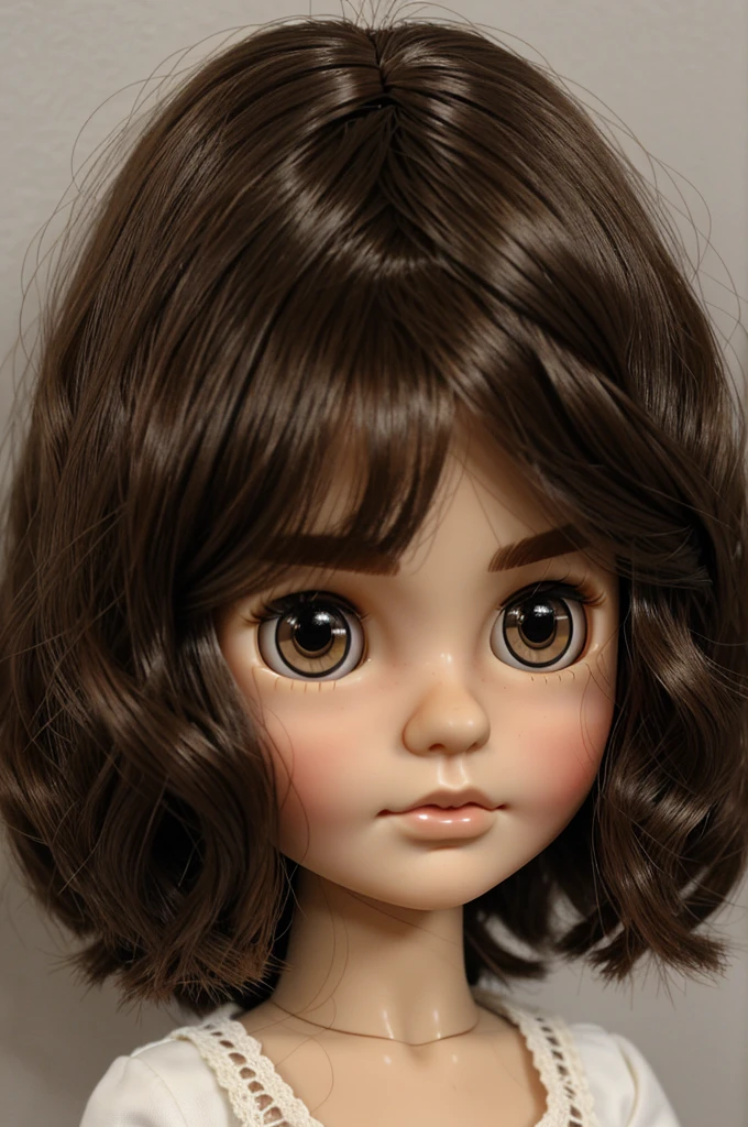 Make a blythe doll with slightly wavy hair and dark eyes, with a smaller face and black eyes and brown hair and slightly short hair