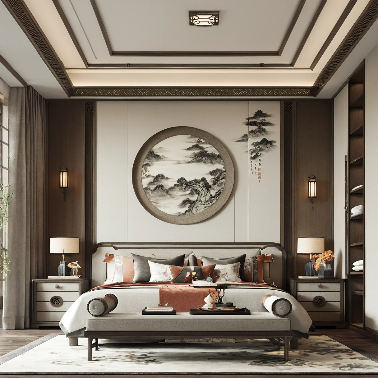 Lao Chen, Interior, Bedroom, New Chinese, couch, table, indoors, carpet, wooden floor