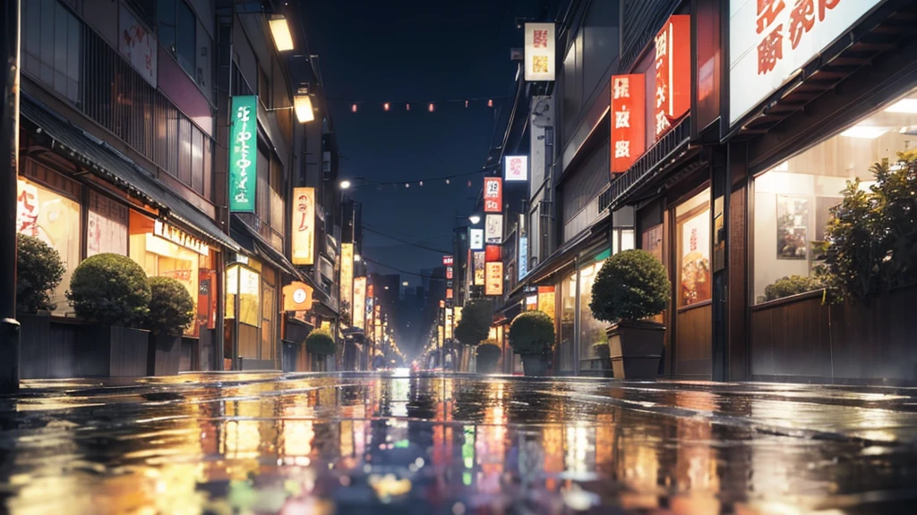 tokyo sidewalk at afternoon after rain with wet streets, bokeh, focus on ground, make it like garden of words style, warm tone, no human, no people on it, (((very low angle))), (((detailed background)))